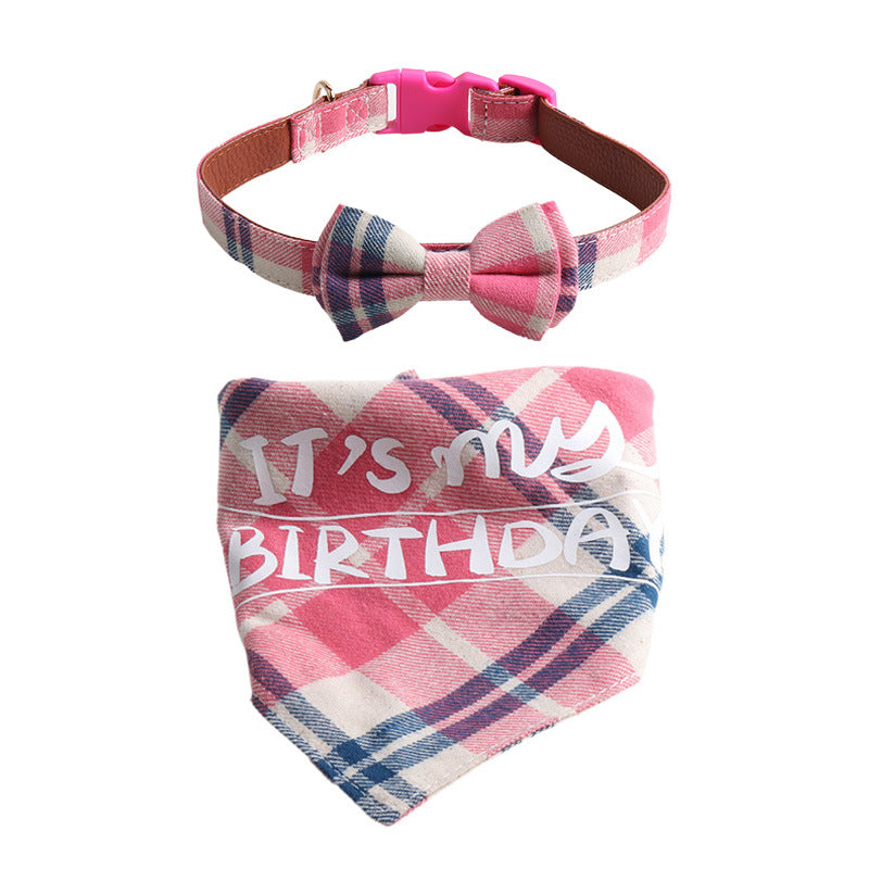 Plaid Pattern Birthday Triangle Towel Saliva Bib Bow Pet Collar