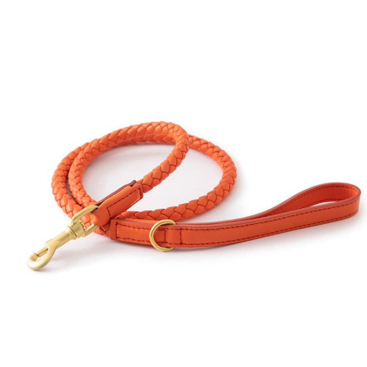 Soft Woven Leather Gold Metal Dog Anti-Pull Leash Pet Collar Set
