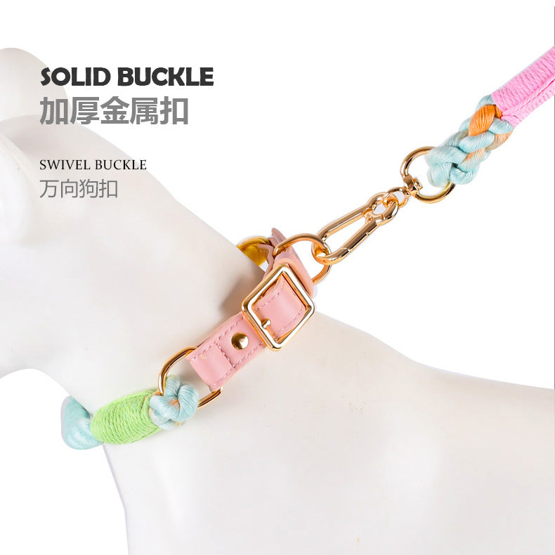 Hand Woven Colored Cotton Rope Large Dog Collar Anti-Pull Leash Set