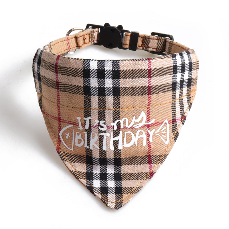 Plaid Pattern Birthday Triangle Towel Saliva Pet Bib Bow Collar