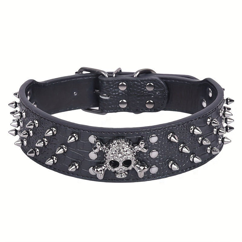 Rivets Skull Large Dog Adjustable Thick PU Leather Pet Collar