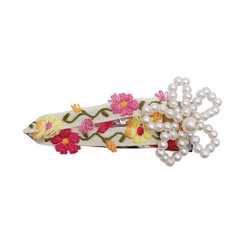 Pearl Beaded Flower Embroidery Fabric Hair Clip Hair Accessories Wholesale