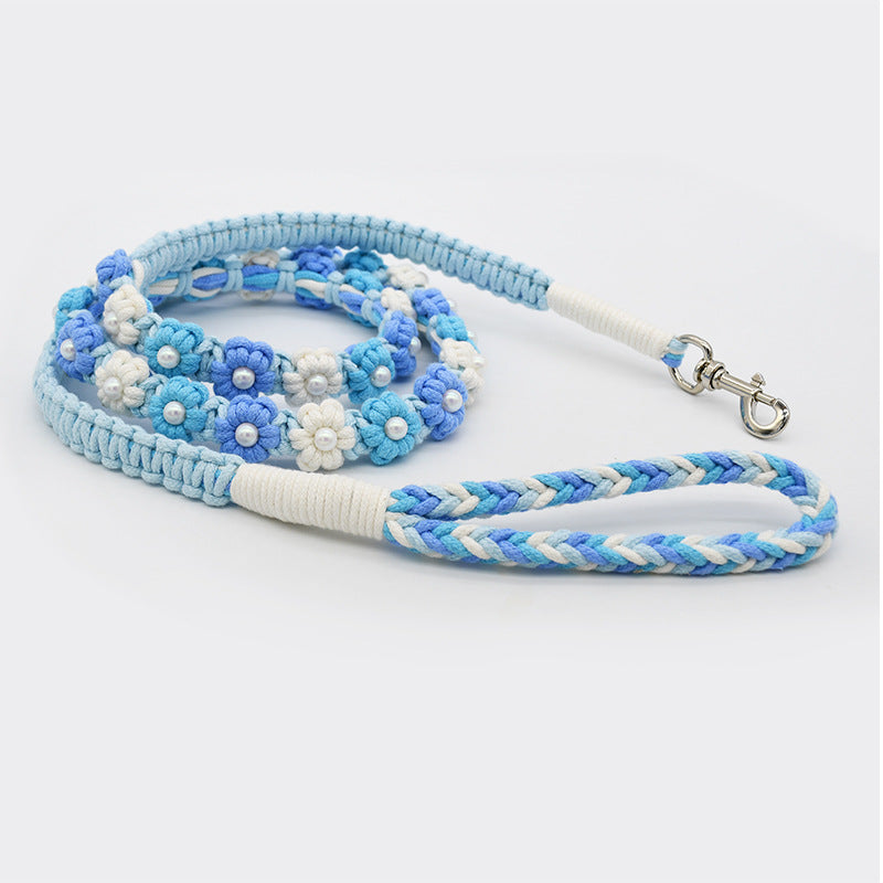 Hand Woven Flower Rope Dog Leash P-Type Metal Chain Collar Set
