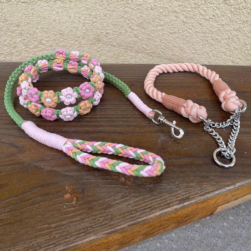 Hand Woven Flower Rope Dog Leash P-Type Metal Chain Collar Set