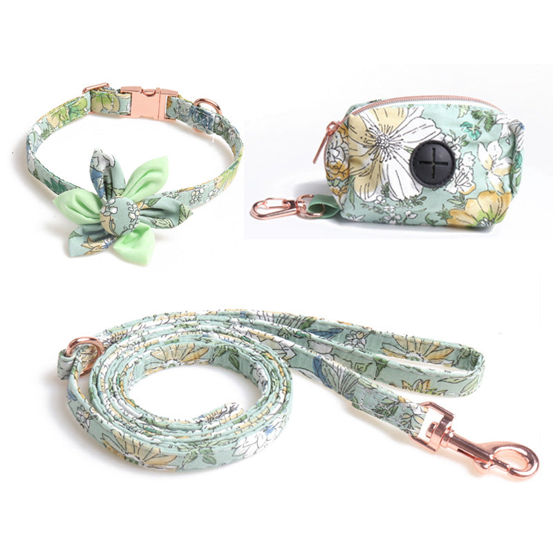 Floral Sunflower Pet Cat Dog Collar Leash Poop Bag Carrier Set