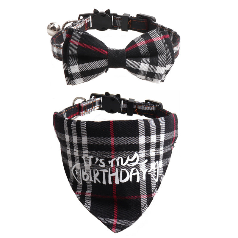 Plaid Pattern Birthday Triangle Towel Saliva Pet Bib Bow Collar
