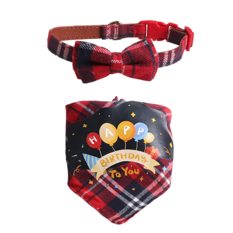 Plaid Pattern Birthday Triangle Towel Saliva Bib Bow Pet Collar