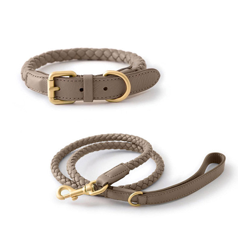 Soft Woven Leather Gold Metal Dog Anti-Pull Leash Pet Collar Set