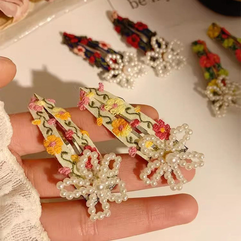 Pearl Beaded Flower Embroidery Fabric Hair Clip Hair Accessories Wholesale