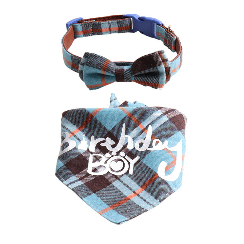 Plaid Pattern Birthday Triangle Towel Saliva Bib Bow Pet Collar