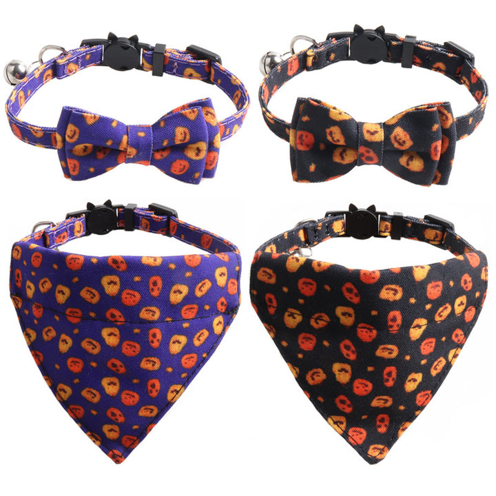 Halloween Pumpkin Print Triangle Towel Saliva Bib Bow Pet Collar