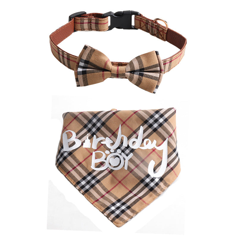 Plaid Pattern Birthday Triangle Towel Saliva Bib Bow Pet Collar