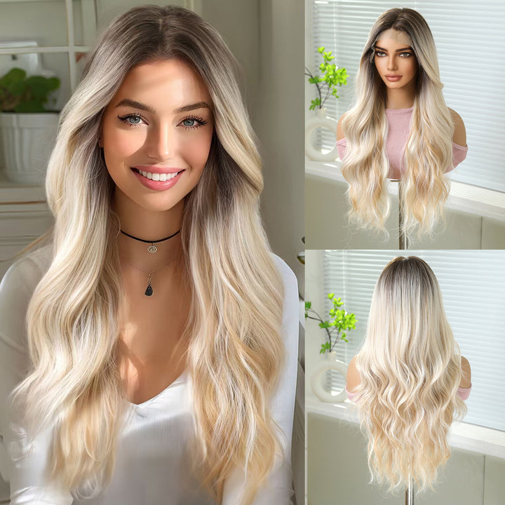 Lace Net Hat Middle Part Highlight Gold Fluffy Long Curly Wig Wholesale