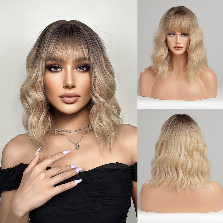 Neat Bangs Gradient Brown BOBO Short Curly Hair Headgear Wig Wholesale