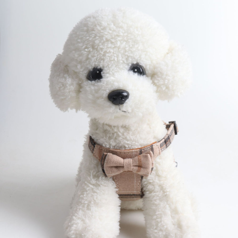 Classic Plaid Bow Suede Nap Pet Dog No Choking Harness Leash Set