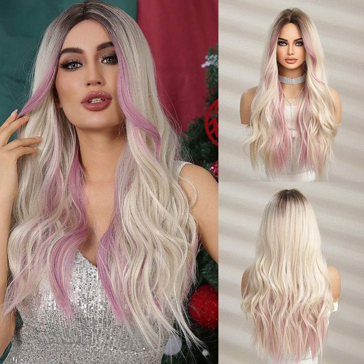 Natural Middle Part Gradient Gold Highlights Pink Long Curly Hair Wig Wholesale