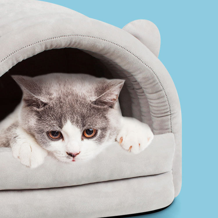 Arched Cute Cartoon Warm Soft Comfortable Flannel Pet Cat Bed Cage
