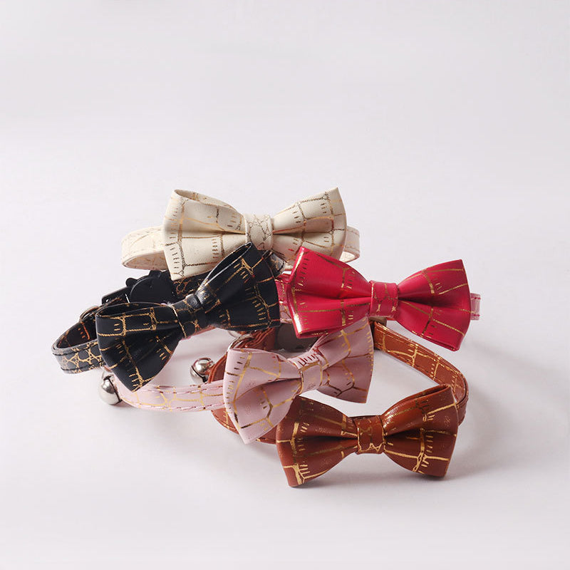 Hot Stamping Gold Soft PU Leather Bow Pet Cat Collar with Bell