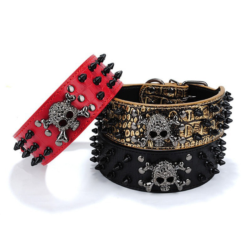 Rivets Skull Large Dog Adjustable Thick PU Leather Pet Collar