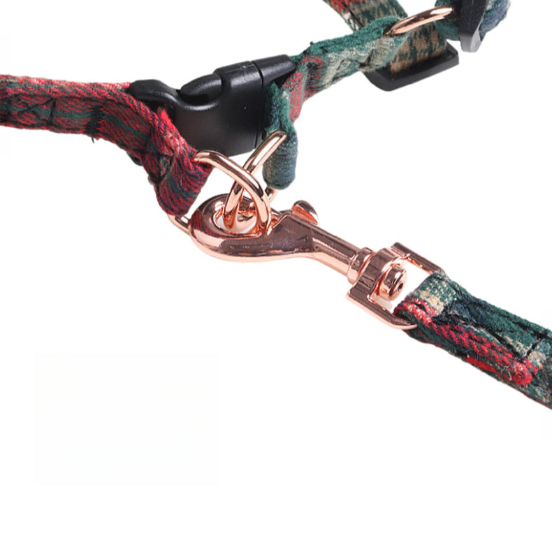 Christmas Red Green Plaid Pet Dog No Choking Harness Leash Set