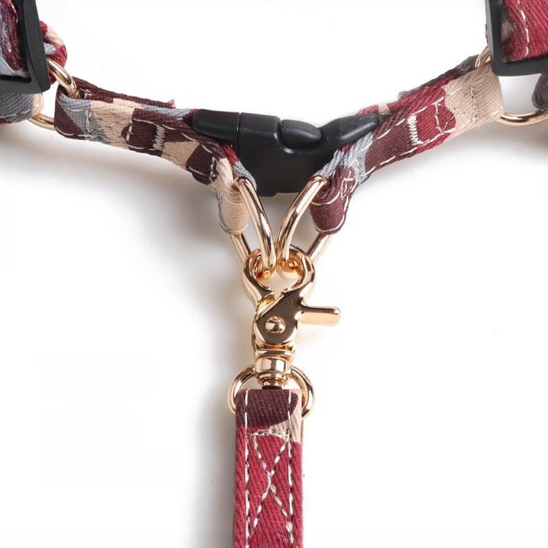 Camouflage Bow Fabric Leather Pet Dog No Choking Harness Leash Set