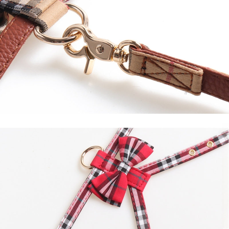 Plaid Bow K Type Leather Pet Dog No Choking Harness Leash Set