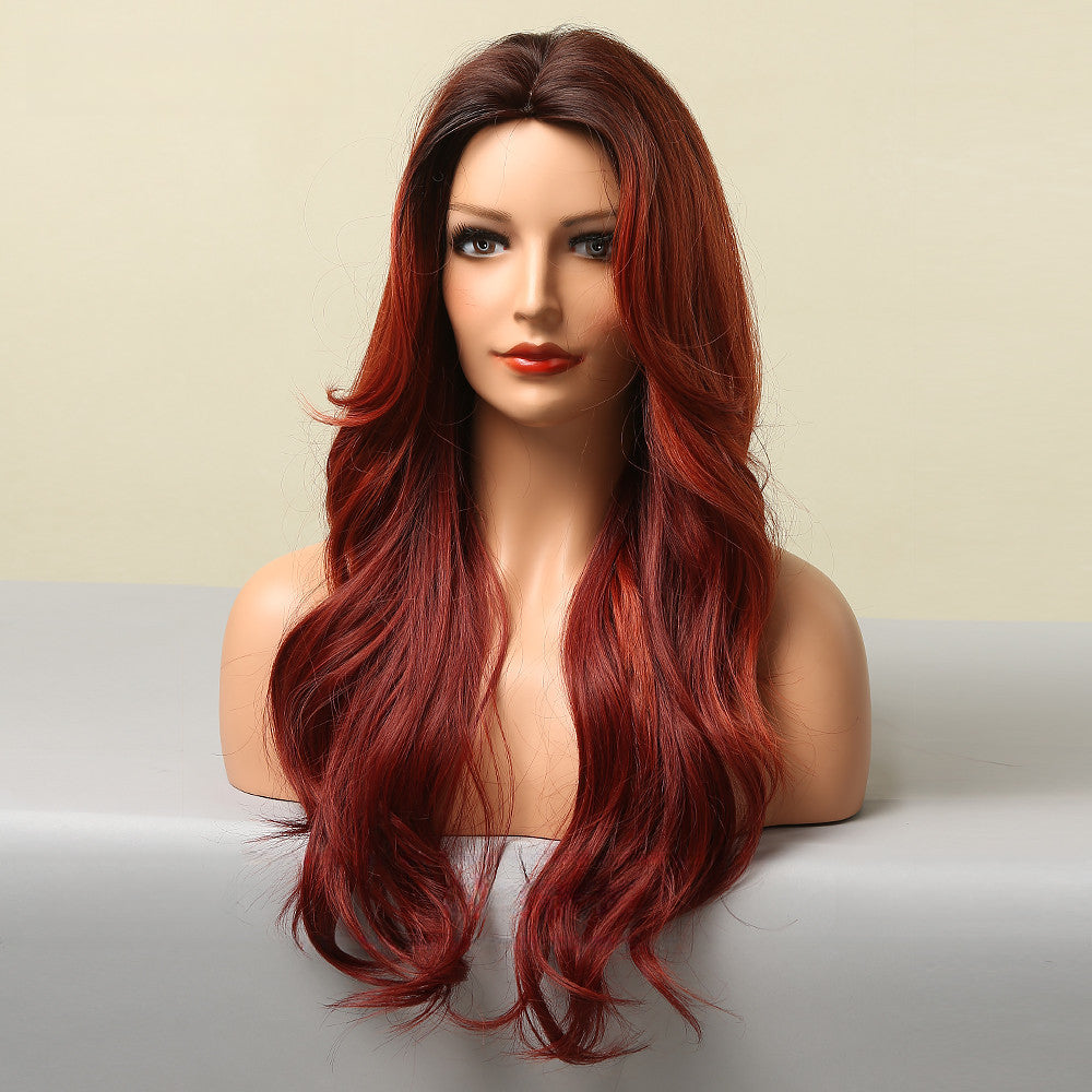 Middle Part Gradient Red Big Wave Long Curly Hair Headgear Wig Wholesale