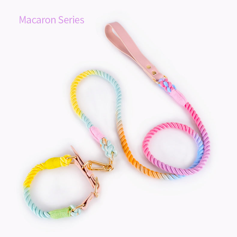 Hand Woven Colored Cotton Rope Large Dog Collar Anti-Pull Leash Set