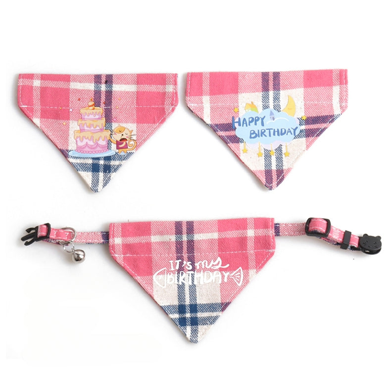 Plaid Birthday Triangle Towel Cotton Pet Saliva Bib Bow Collar