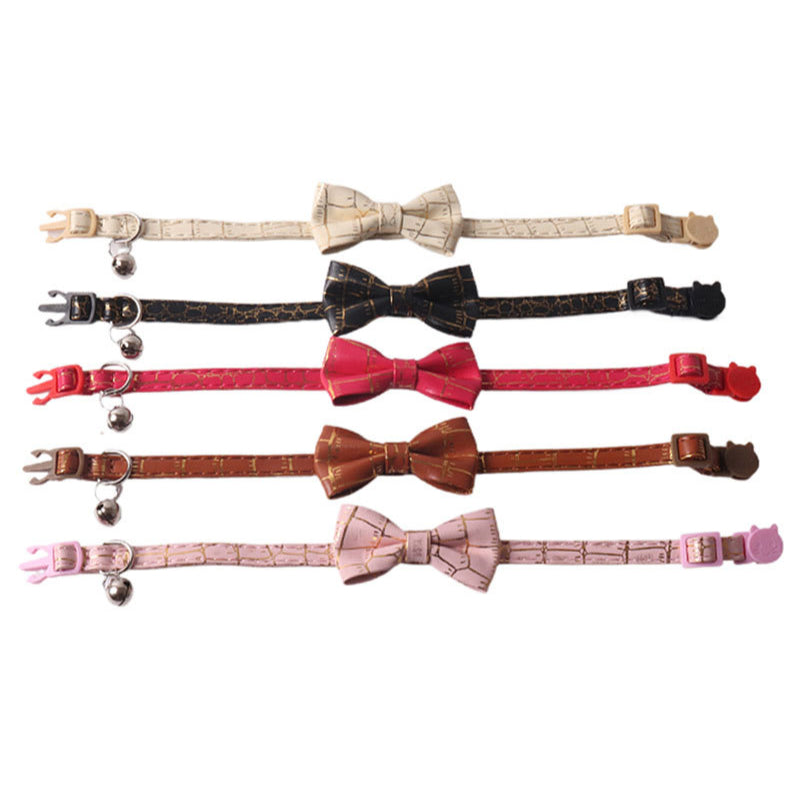 Hot Stamping Gold Soft PU Leather Bow Pet Cat Collar with Bell