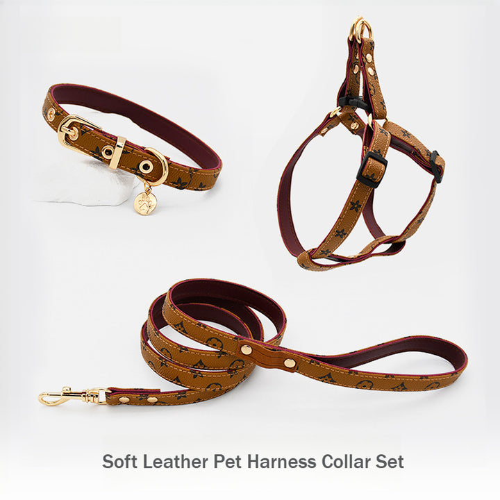 Printed Soft Leather Comfortable No Choking Pet Harness Collar Set