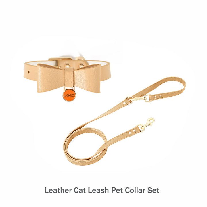 Multi-color Leather Removable Bow Cat Leash Pet Collar Set