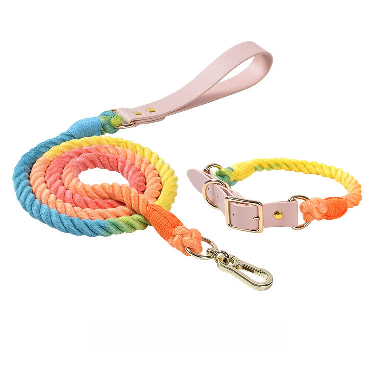 Hand Woven Colored Cotton Rope Large Dog Collar Anti-Pull Leash Set