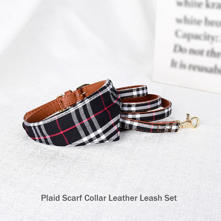 Plaid Pet Triangle Bandana Dog Scarf Collar Leather Leash Set