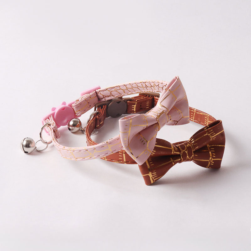 Hot Stamping Gold Soft PU Leather Bow Pet Cat Collar with Bell