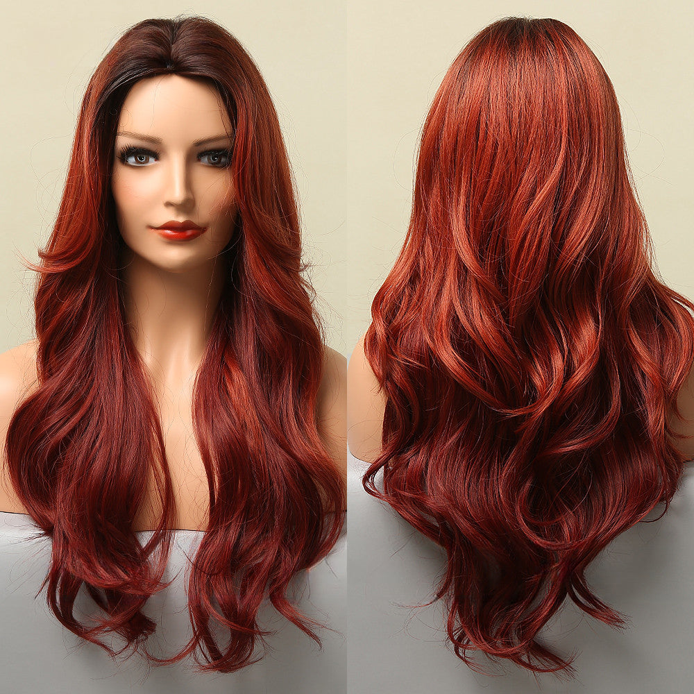 Middle Part Gradient Red Big Wave Long Curly Hair Headgear Wig Wholesale