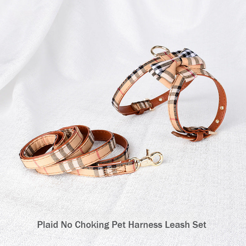 Plaid Fabric Leather Soft No Choking Small Pet Harness Leash Set