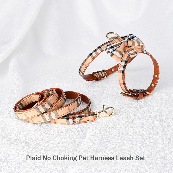 Plaid Fabric Leather Soft No Choking Small Pet Harness Leash Set