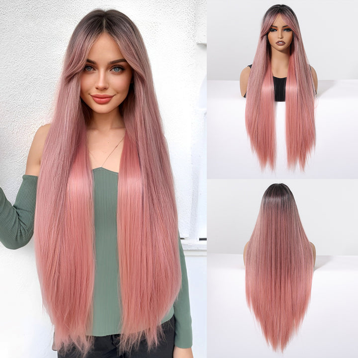 Medium bangs gradual change pink long straight hair curly hair full head cover wig wholesale