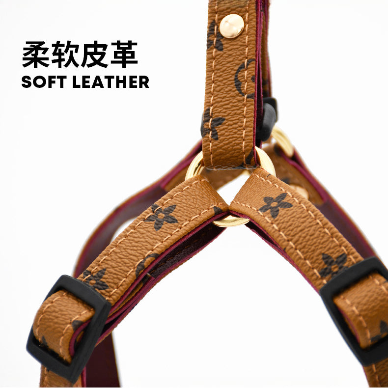 Printed Soft Leather Comfortable No Choking Pet Harness Collar Set