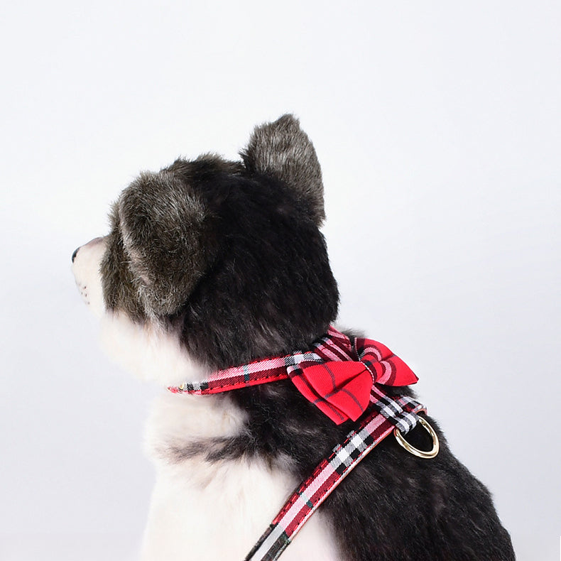 Plaid Fabric Leather Soft No Choking Small Pet Harness Leash Set
