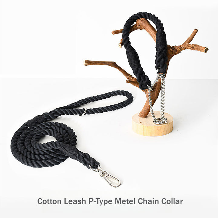 Hand-woven Rainbow Cotton Pet Dog Leash P-Type Metel Chain Collar